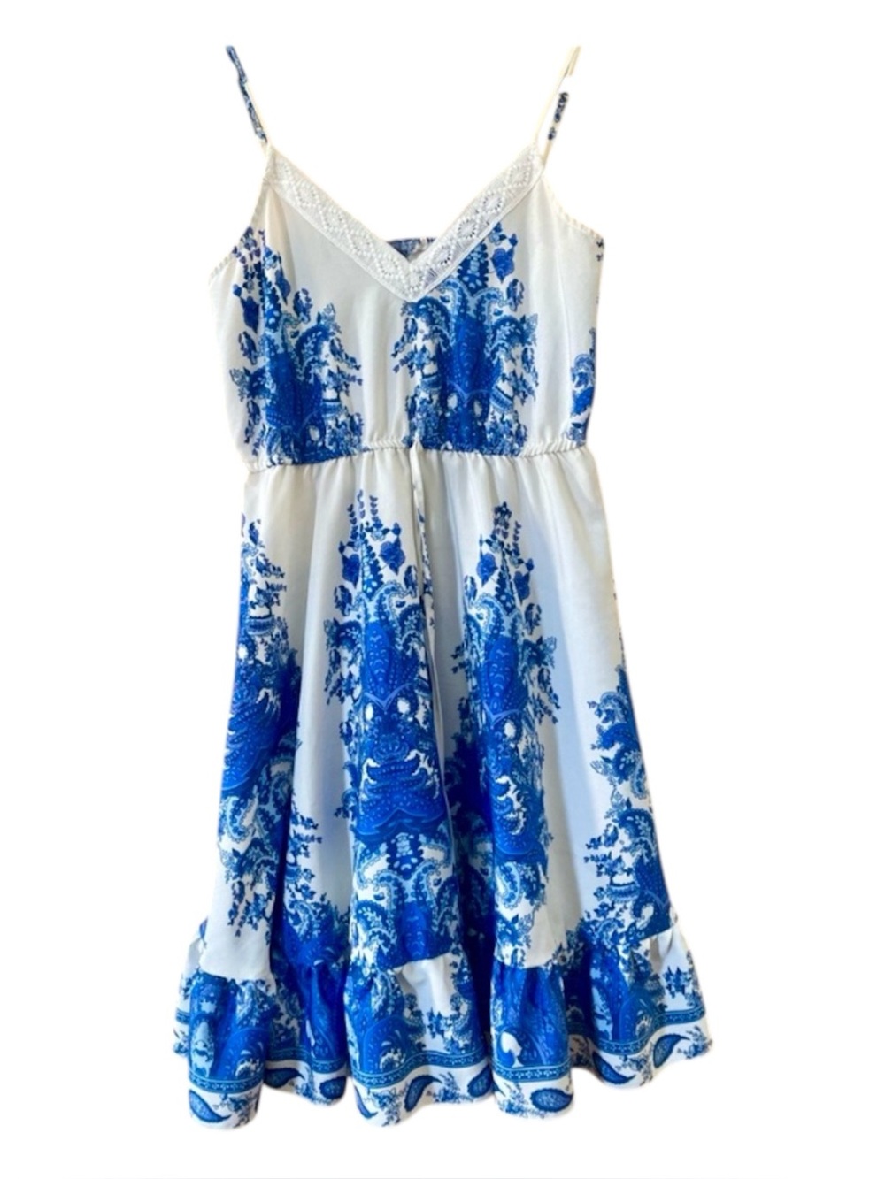 Blue White Porcelain Print Midi Sundress Boho Resort Dress Lace Trim Medium